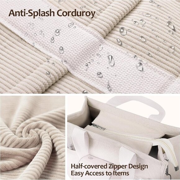 Women Large Corduroy Tote Bag with Pockets Adjustable Strap Everyday Purse - Picture 3 of 7